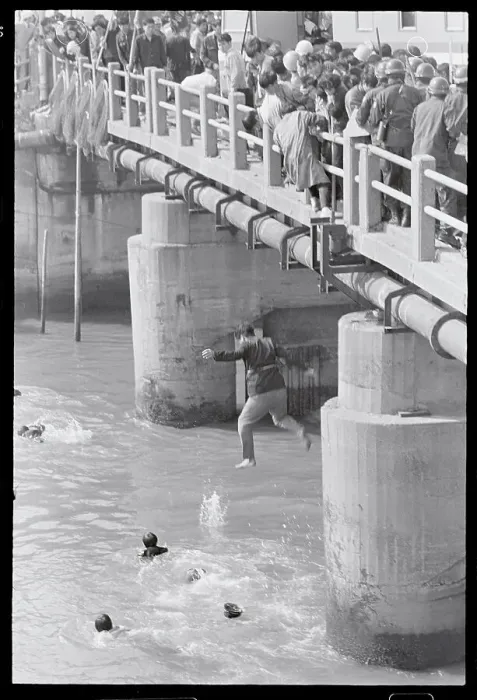 Framed Print : Demonstrators Jumping into a River Framed Print : Demonstrators Jumping into a River