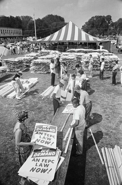 Framed Print : Demonstrators At Tent Preparing Signs Framed Print : Demonstrators At Tent Preparing Signs