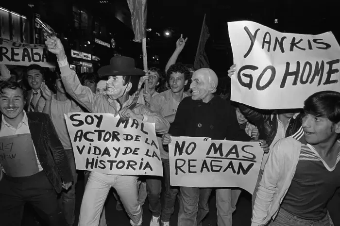 Framed Print : Demonstrators Wave Anti-Reagan Signs Framed Print : Demonstrators Wave Anti-Reagan Signs