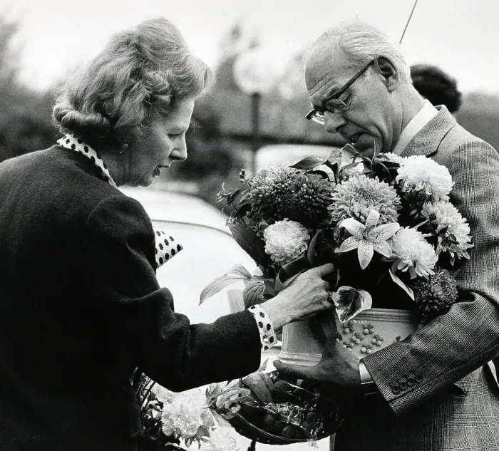 Framed Print : Denis and Margaret Thatcher Bringing Flowers to Friend