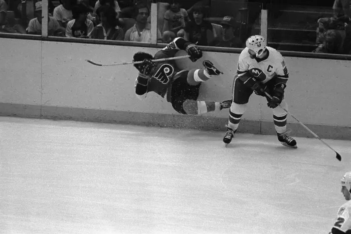 Framed Print : Denis Potvin Knocking Reggie Leach Off His Feet Framed Print : Denis Potvin Knocking Reggie Leach Off His Feet