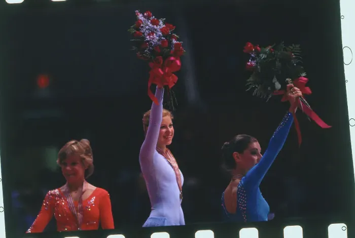 Framed Print : Denise Biellmann with Bouquet for Gold Medal Win Framed Print : Denise Biellmann with Bouquet for Gold Medal Win