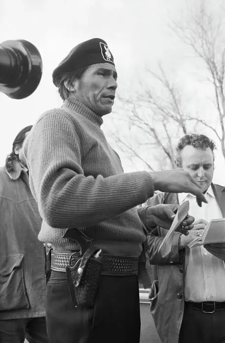 Framed Print : Dennis Banks Talking W / Press;Gun On Hip Framed Print : Dennis Banks Talking W / Press;Gun On Hip