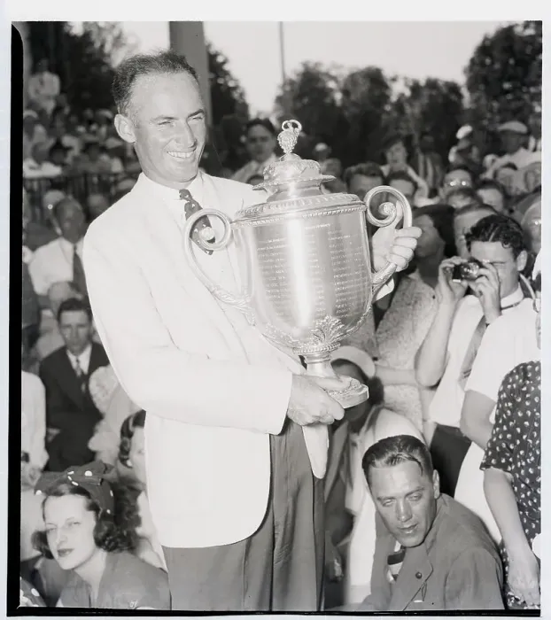 Framed Print : Denny Shute Holding Golf Trophy Framed Print : Denny Shute Holding Golf Trophy