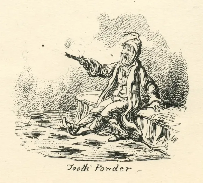 Framed Print : Dental humour tooth powder Cruikshank 19th century cartoon Framed Print : Dental humour tooth powder Cruikshank 19th century cartoon