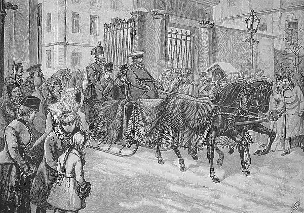 Departure of the Empress of Russia from the Portal of the Anichkov Palace in St. Petersburg, Russia, Historic, digital reproduction of an original 19th century painting