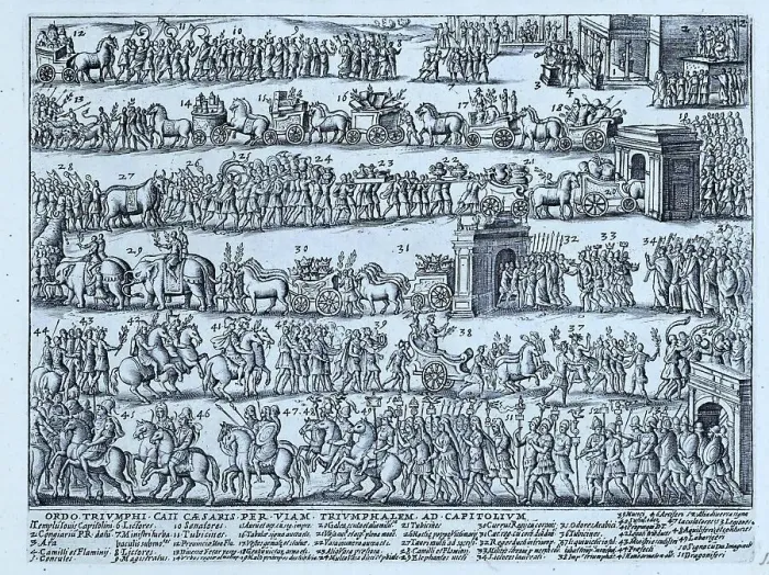 Framed Print : Depicted here is the procession during a Roman triumph. It shows the legions of cohorts at the end of the procession up to the Temple of Jupiter on Capitoline Hill, historical Rome, Italy, digital reproduction of a 17th century original
