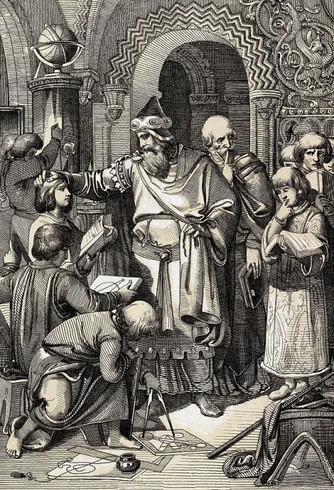 Framed Print : Depiction of European Leader Charlemagne with Students Framed Print : Depiction of European Leader Charlemagne with Students