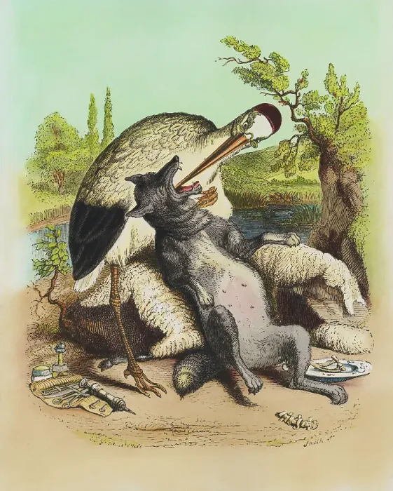 Framed Print : Depiction of Large Crane Examining a Wolf Framed Print : Depiction of Large Crane Examining a Wolf