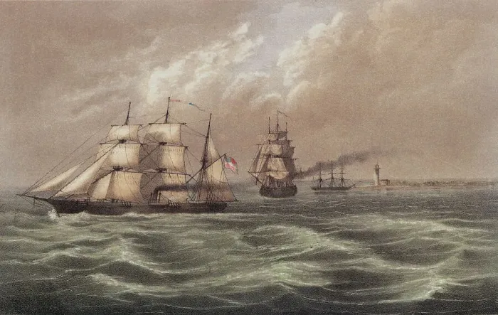 Framed Print : Depiction of Military Vessels Offshore near Lighthouse Framed Print : Depiction of Military Vessels Offshore near Lighthouse