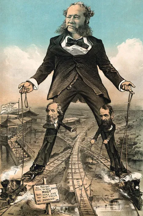 Framed Print : Depiction of Railroad Tycoons Pulling Strings to Train Activity Framed Print : Depiction of Railroad Tycoons Pulling Strings to Train Activity