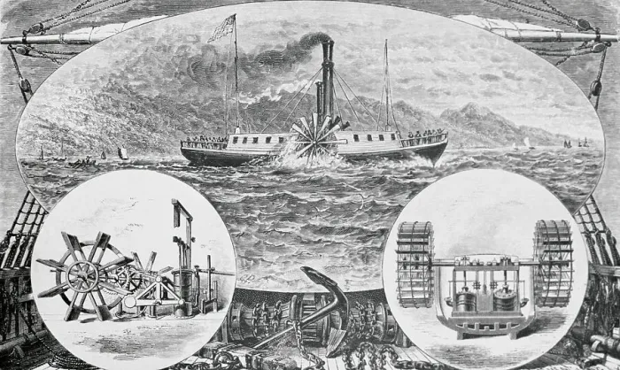 Framed Print : Depiction of Ship at Voyage Onset with Superimposed Machinery Examples Framed Print : Depiction of Ship at Voyage Onset with Superimposed Machinery Examples
