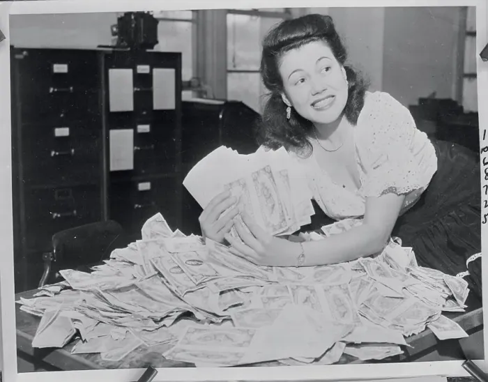 Framed Print : Deputy Marshal Doris Brown with Mound of Counterfeit Framed Print : Deputy Marshal Doris Brown with Mound of Counterfeit