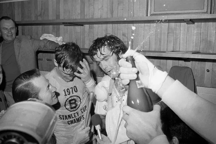 Framed Print : Derek Sanderson During Bruins Celebration with Champagne Framed Print : Derek Sanderson During Bruins Celebration with Champagne