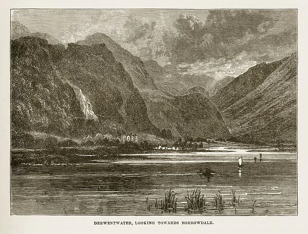 Derwent water and Borrowdale, Keswick, England Victorian Engraving, 1840