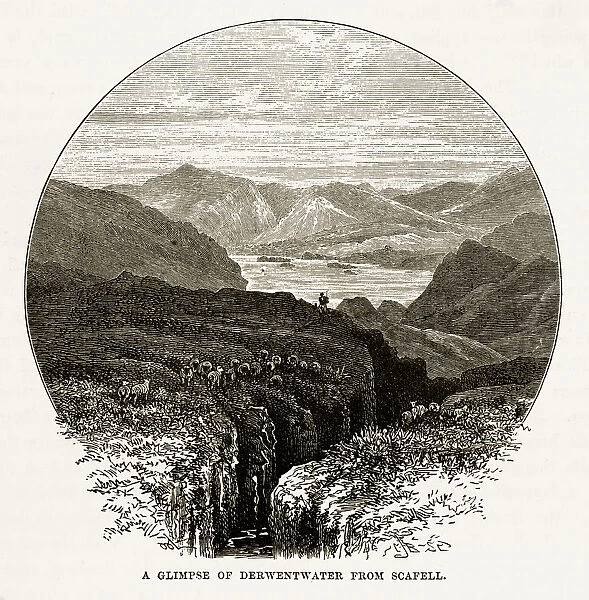 Derwent water from Scafell, Keswick, England Victorian Engraving, 1840