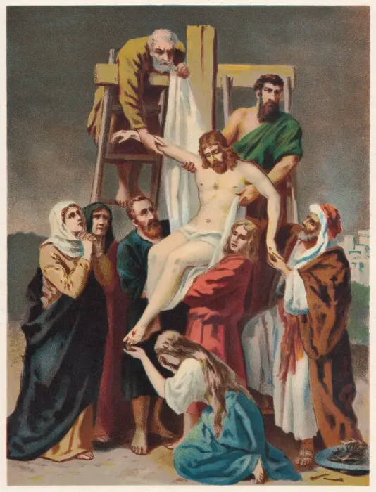 Framed Print : Descent from the Cross, chromolithograph, published in 1886 Framed Print : Descent from the Cross, chromolithograph, published in 1886