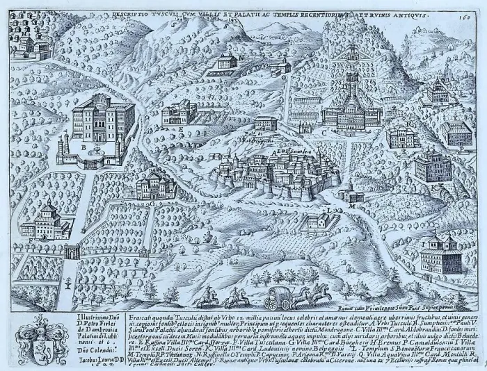 Framed Print : Descriptio Tusculi cum Villis et Palatii ac Templis recentioribus et ruinis antiquis, The ruins of Tusculum, historical Rome, Italy, digital reproduction of an original 17th century document, original date unknown