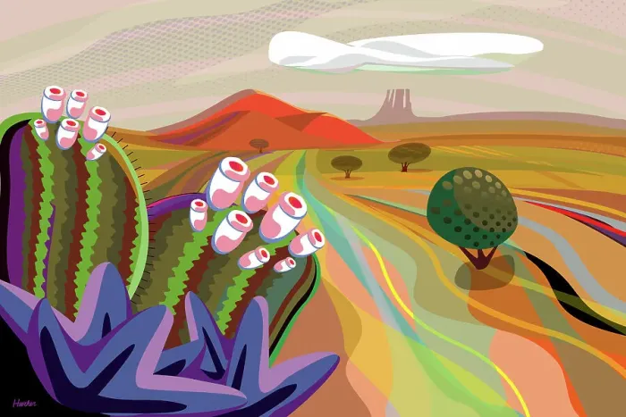 Framed Print : Desert, Cactus, Mountains in distance Landscape Illustration Framed Print : Desert, Cactus, Mountains in distance Landscape Illustration