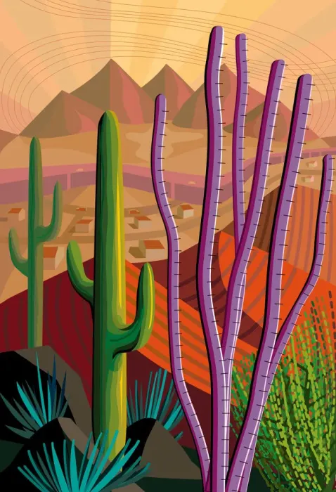 Framed Print : Desert, Cactus, Mountains Landscape Illustration Framed Print : Desert, Cactus, Mountains Landscape Illustration