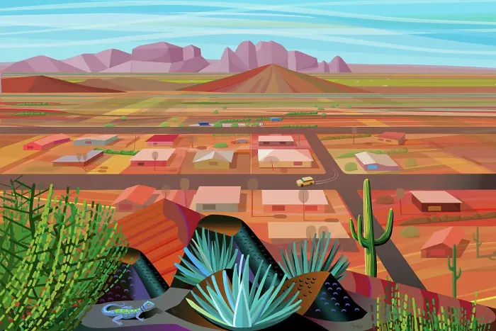 Framed Print : Desert Landscape Illustration with Houses Framed Print : Desert Landscape Illustration with Houses