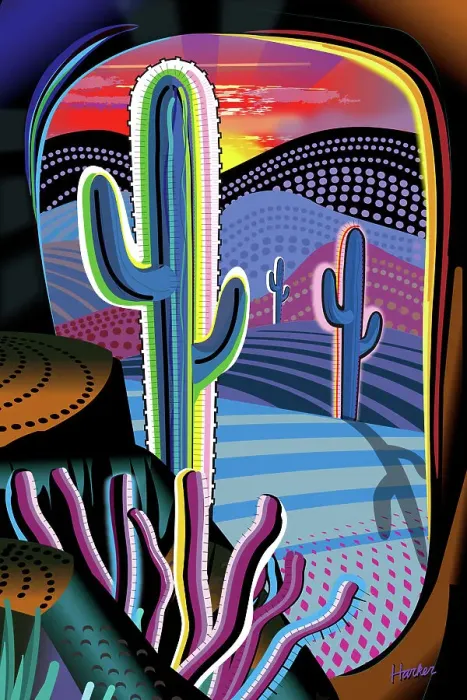 Framed Print : Desert landscape, Saguaro cactus. Digital Illustration of vivid sunset Framed Print : Desert landscape, Saguaro cactus. Digital Illustration of vivid sunset