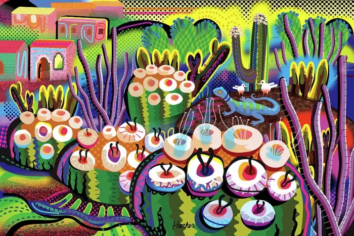 Framed Print : Desert Moss Fantasy Garden with Flowering Cactus Framed Print : Desert Moss Fantasy Garden with Flowering Cactus