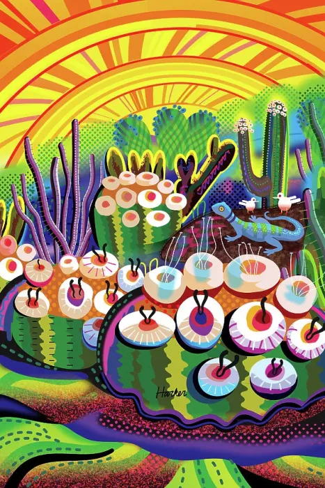 Framed Print : Desert Moss Garden with Blue Gecko Ilustration Framed Print : Desert Moss Garden with Blue Gecko Ilustration