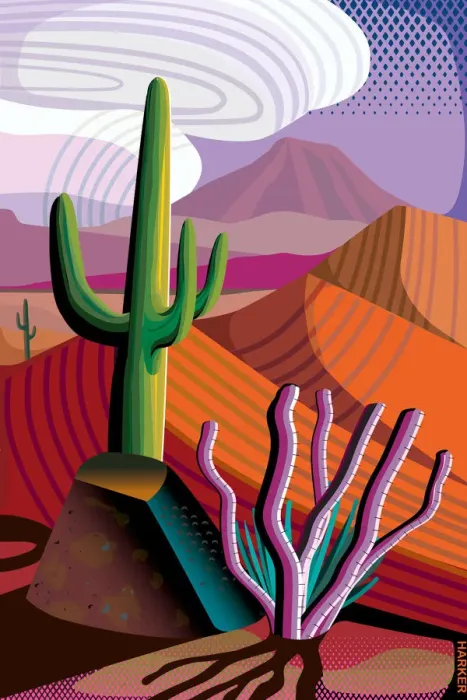 Framed Print : Desert, Saguaro and Ocotillo Cactus, Mountains in distance Landscape Illustration Framed Print : Desert, Saguaro and Ocotillo Cactus, Mountains in distance Landscape Illustration