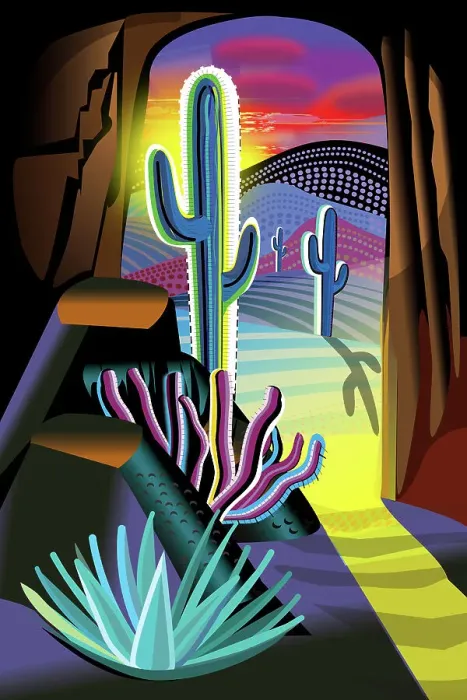 Framed Print : Desert Sunrise from Cave Illustration with Cactus Framed Print : Desert Sunrise from Cave Illustration with Cactus