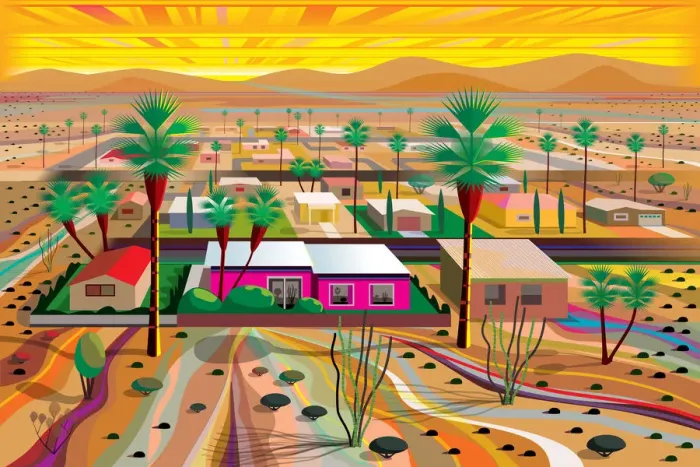 Framed Print : Desert Town in the Mojave Illustration in Vivid Color