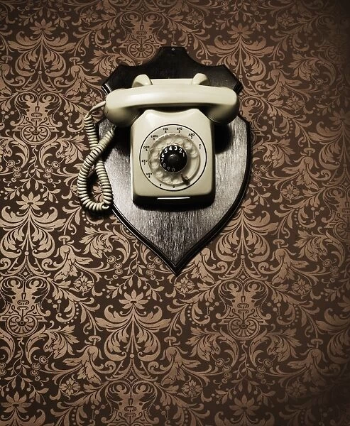 Desk telephone hanging as a trophy on a wall