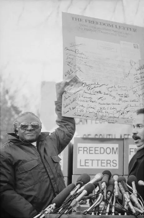 Framed Print : Desmond Tutu Holds Up Freedom Letter Framed Print : Desmond Tutu Holds Up Freedom Letter