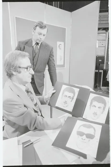 Framed Print : Detective Shaw Taylor with Head Shots of Suspects Framed Print : Detective Shaw Taylor with Head Shots of Suspects