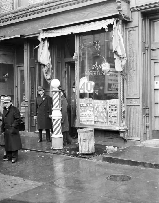 Framed Print : Detectives at Barber Shop Entrance Framed Print : Detectives at Barber Shop Entrance