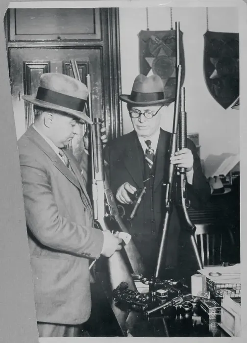 Framed Print : Detectives with Suspect's Weapons Framed Print : Detectives with Suspect's Weapons