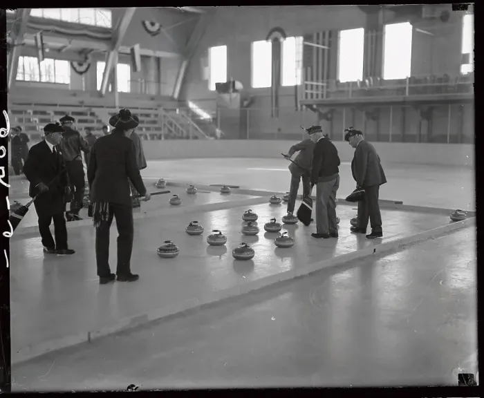 Framed Print : Detroit and Canadian Curling Teams Performing for Camera Framed Print : Detroit and Canadian Curling Teams Performing for Camera