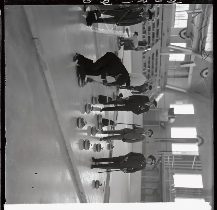 Framed Print : Detroit and Canadian Curling Teams Performing for Camera Framed Print : Detroit and Canadian Curling Teams Performing for Camera