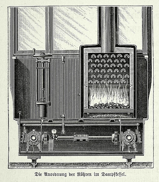 Diagram of arrangement of the tubes in the steam boiler on steam powered tram, Victorian German engineering, 1890s, 19th Century history technology