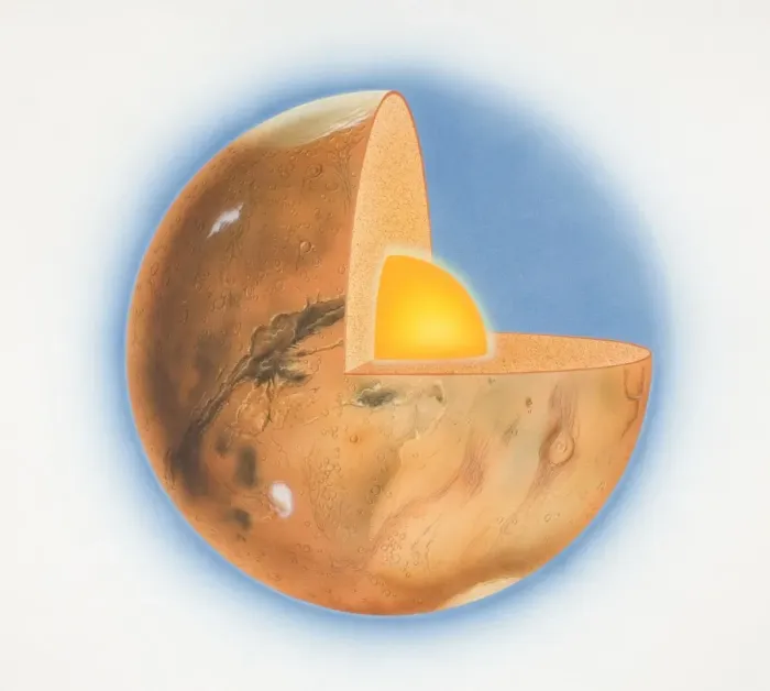Framed Print : Diagram of planet Mars with quarter of sphere removed to reveal subterranean layers, front view Framed Print : Diagram of planet Mars with quarter of sphere removed to reveal subterranean layers, front view