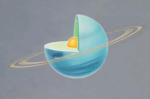 Diagram of planet Neptune with quarter of sphere removed to reveal subterranean layers, front view