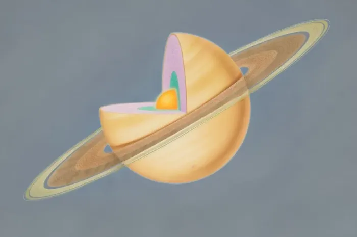 Framed Print : Diagram of planet Saturn with quarter of sphere removed to reveal subterranean layers, front view Framed Print : Diagram of planet Saturn with quarter of sphere removed to reveal subterranean layers, front view