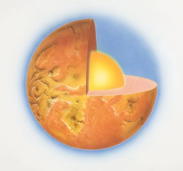 Diagram of planet Venus with quarter of sphere removed to reveal subterranean layers, front view