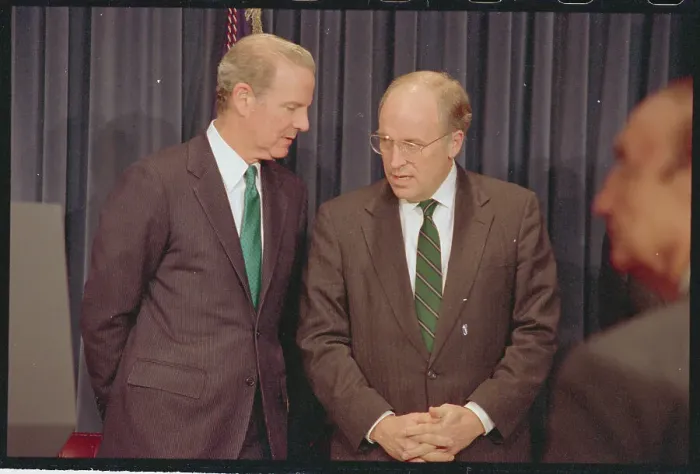 Framed Print : Dick Cheney and James Baker Putting Heads Together Framed Print : Dick Cheney and James Baker Putting Heads Together