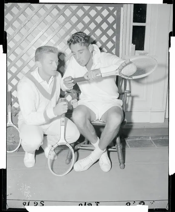 Framed Print : Dick Pancho Gonzales and Tony Trabert Conversing at Tennis Net Framed Print : Dick Pancho Gonzales and Tony Trabert Conversing at Tennis Net
