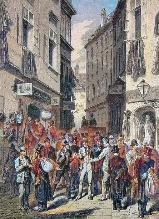 Framed Print : Die Judengasse in Wien, Austria, historical wood engraving, ca. 1880, digitally restored reproduction of a 19th century original, exact original date unknown, coloured Framed Print : Die Judengasse in Wien, Austria, historical wood engraving, ca. 1880, digitally restored reproduction of a 19th century original, exact original date unknown, coloured
