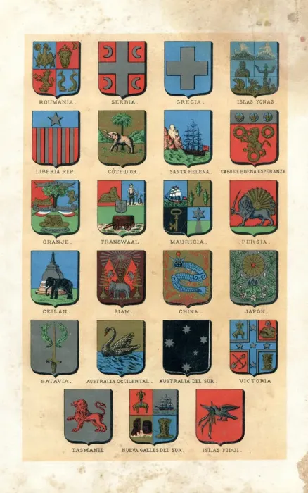 Framed Print : Different antique badges of countries 1887 Framed Print : Different antique badges of countries 1887