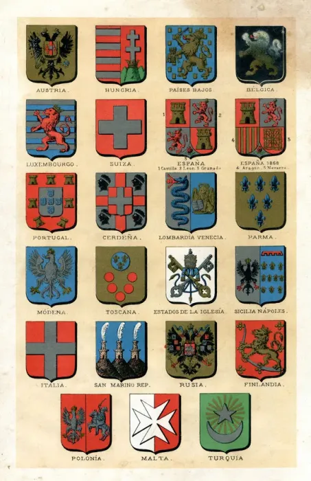 Framed Print : Different antique badges of countries 1887 Framed Print : Different antique badges of countries 1887