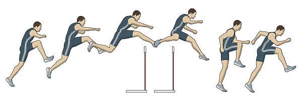 Different stages of athlete jumping over hurdles