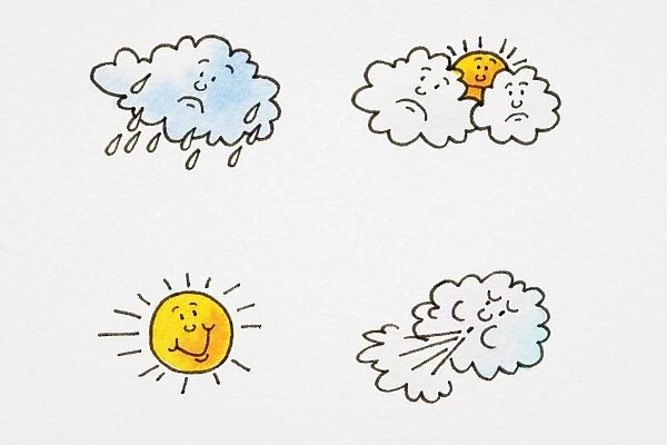 Different weather conditions, raining cloud with sad face, sun with smiley face emerging from behind two sad-faced clouds, smiley-faced sun, cloud blowing wind out of its mouth, cartoon